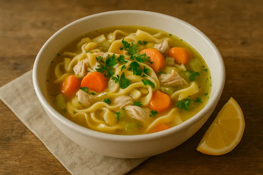 Served Chicken Noodle Soup with Egg Noodles and Parsley