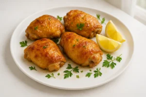 Crispy air-chilled chicken thighs served on a rustic plate with herbs and lemon.