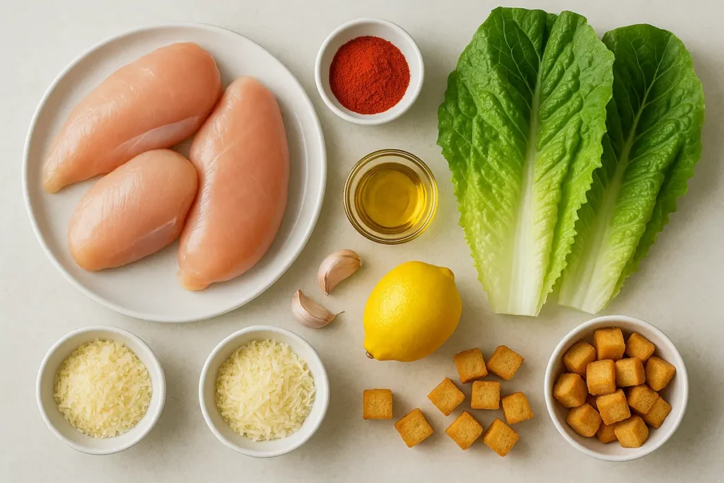 All the Ingredients for Spicy Grilled Chicken Caesar Salad Flat lay of Spicy Grilled Chicken Caesar Salad ingredients including spices, chicken, romaine, cheese, and croutons