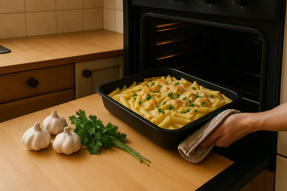 Creamy Baked Chicken Pasta with Garlic and Parsley Baked creamy chicken pasta in a black tray with fresh garlic and parsley beside the oven