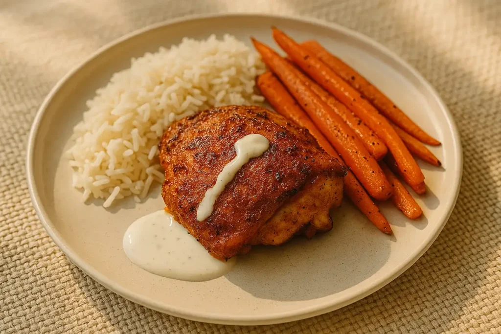 Balanced Plate with Crispy Chicken Spicy crispy chicken thigh served with fluffy rice, roasted vegetables, and yogurt drizzle.