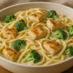 Creamy garlic chicken pasta with broccoli in a white bowl, topped with herbs and sauce.