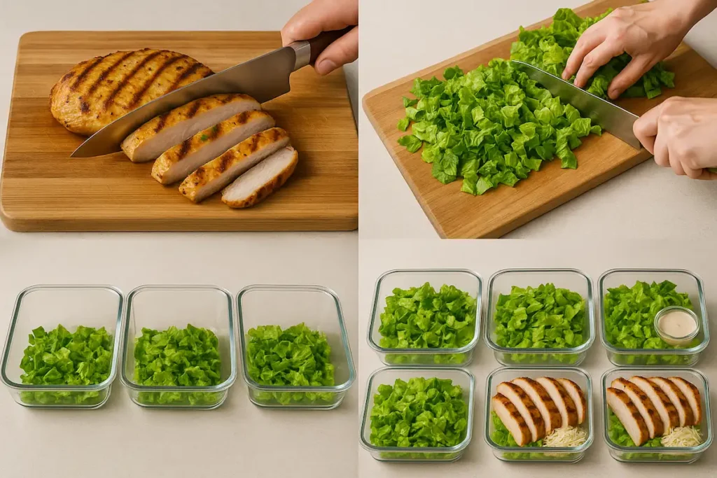 Caesar Salad Bowl Prep Process Step-by-step of grilled chicken Caesar salad meal prep with sliced chicken and lettuce in containers.
