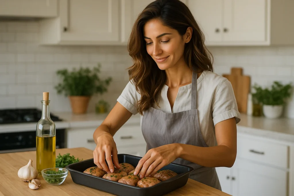 Chef Prepares Crispy Chicken Thighs for the Oven Chef Joudia placing seasoned chicken thighs in oven tray