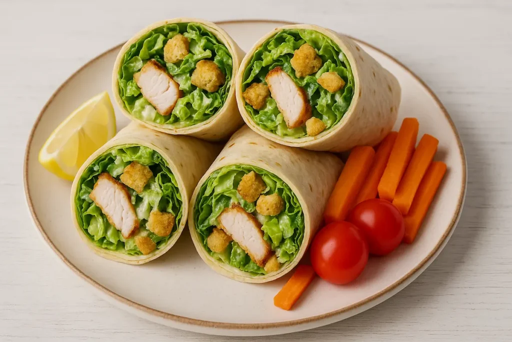 Chicken Caesar Wrap Ingredients in Chef’s Kitchen Chicken Caesar Wraps with Grilled Chicken : Morning kitchen setup with grilled chicken and Caesar wrap ingredients ready to prepare.