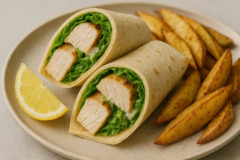 Chicken Caesar Wraps with Baked Sides Grilled chicken Caesar wraps with potato wedges and lemon on a serving plate.