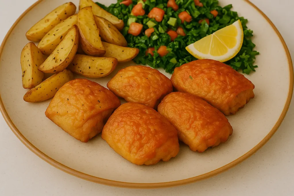 Chicken Thighs Dinner Plate with Roasted Sides Crispy air-chilled chicken thighs served with potatoes and salad
