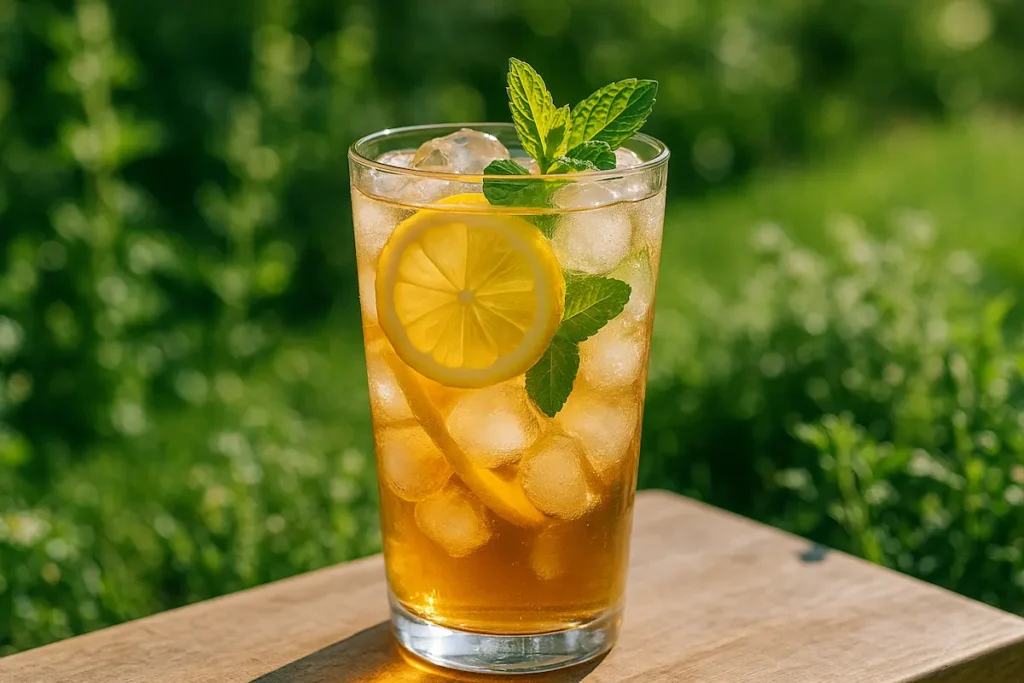 Chilled_Mounjaro_Tea_for_Summer_Refreshment Iced Mounjaro Tea with lemon and mint served outdoors in sunlight.