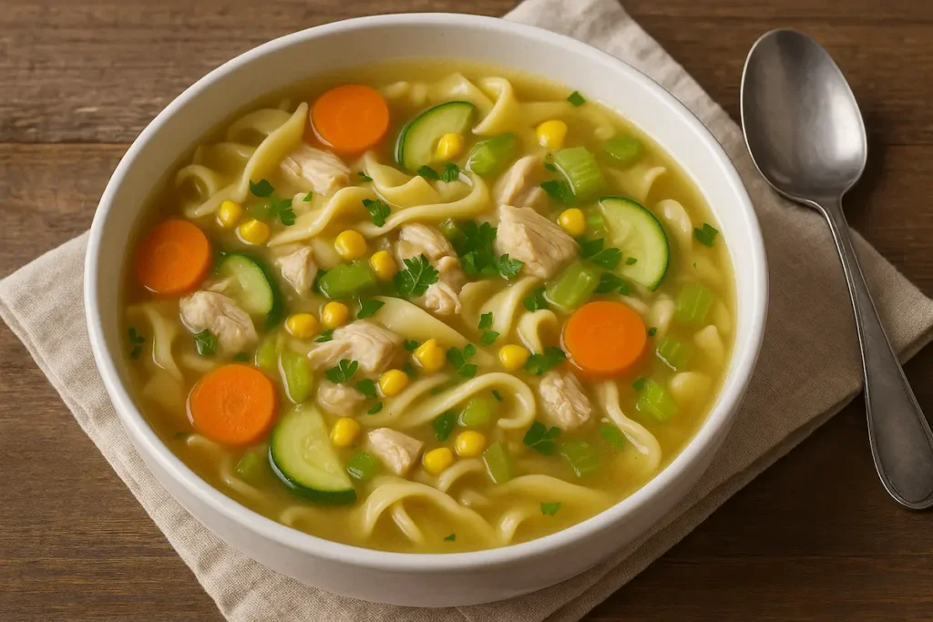 Overhead view of classic chicken noodle soup with vegetables in a rustic bowl with garnish.