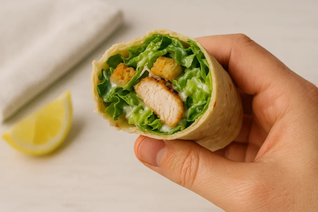 Close-up of Flavorful Chicken Caesar Wrap in Hand Half-eaten grilled chicken Caesar wrap showing fresh filling and creamy dressing.