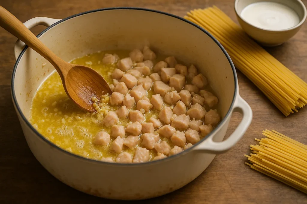 Step-by-step preparation of the dish shows tender chicken browning with garlic and butter in one pot. Garlic and chicken cooking in a pot for one-pot creamy garlic chicken pasta.