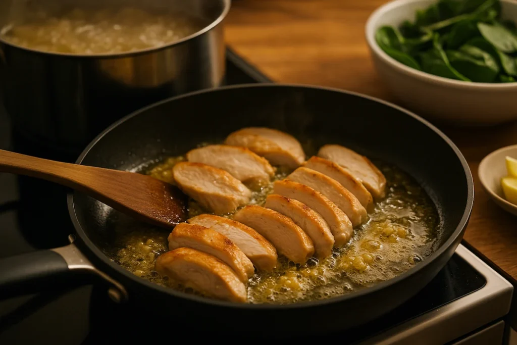 Cooking Chicken for Garlic Cream Pasta Sliced chicken sautéing in garlic butter with fresh spinach and pasta nearby, for creamy garlic chicken pasta with spinach.