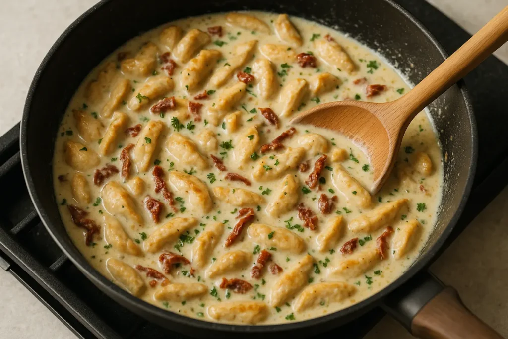 Cooking Creamy Chicken Pasta Creamy garlic chicken pasta cooking in a skillet with sun-dried tomatoes.