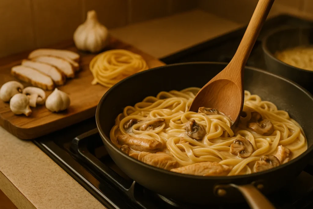 Cooking Creamy Chicken Pasta at Home Preparing creamy garlic chicken pasta with mushrooms