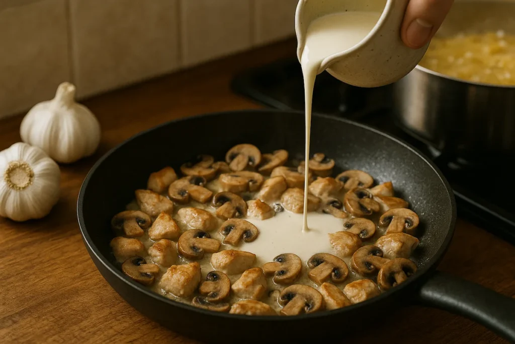 Cooking Creamy Chicken Pasta at Home Preparing creamy garlic chicken pasta with mushrooms