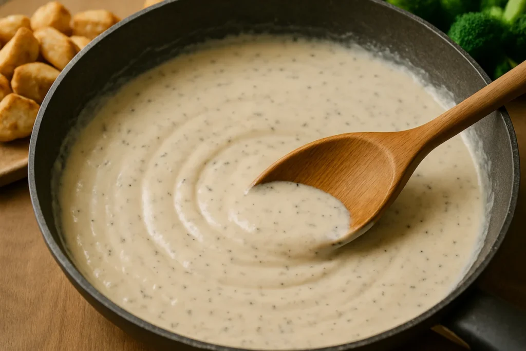 Cream Sauce in the Making for Chicken Pasta Creamy garlic sauce in a skillet, ready to coat chicken and broccoli pasta.