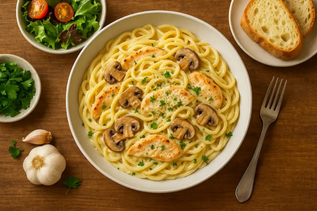 Creamy Garlic Chicken Pasta Final creamy garlic chicken pasta with mushrooms