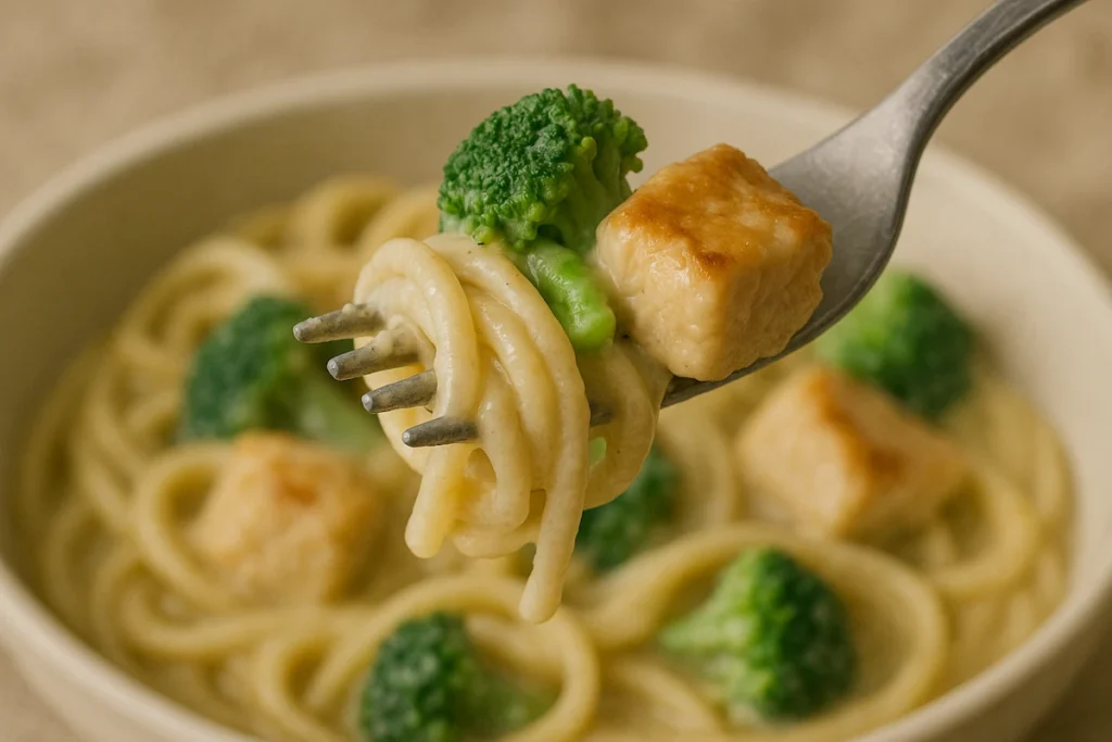 Creamy Pasta Bite with Chicken and Broccoli Fork lifting creamy garlic chicken pasta with broccoli and sauce close-up.