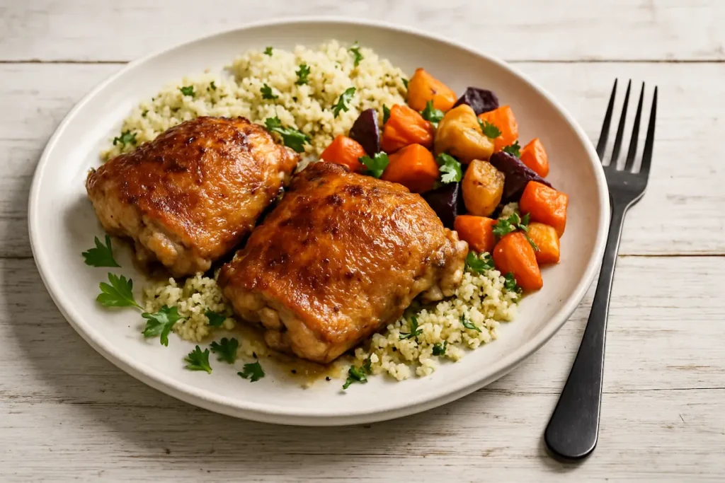 Crispy Cast Iron Chicken Served with Sides Cast Iron Crispy Chicken Thighs in the Oven : Crispy chicken thighs plated with vegetables and couscous on rustic table