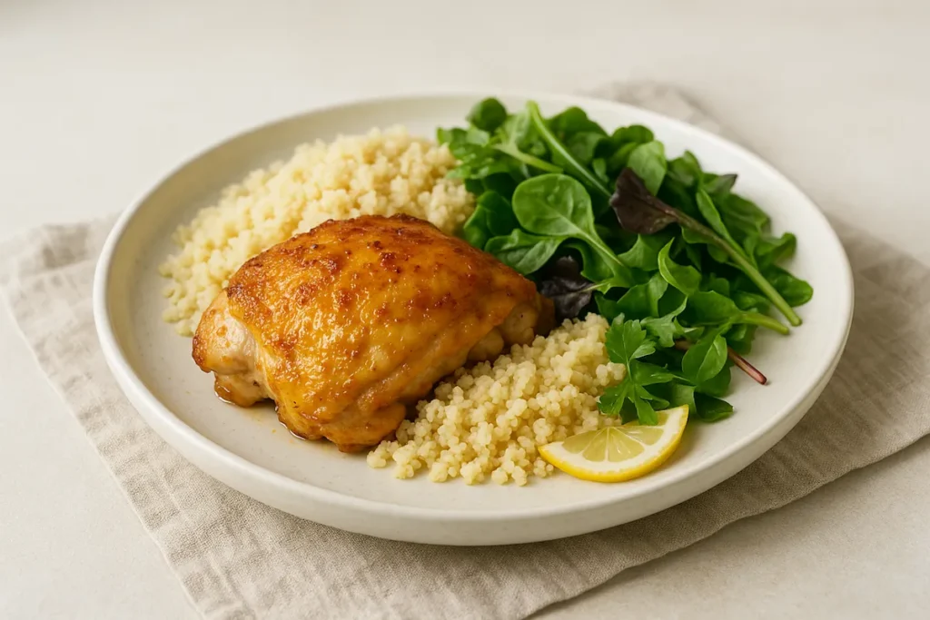Crispy Chicken Thighs with Couscous Crispy air-chilled chicken thighs served with couscous and salad on a clean plate.