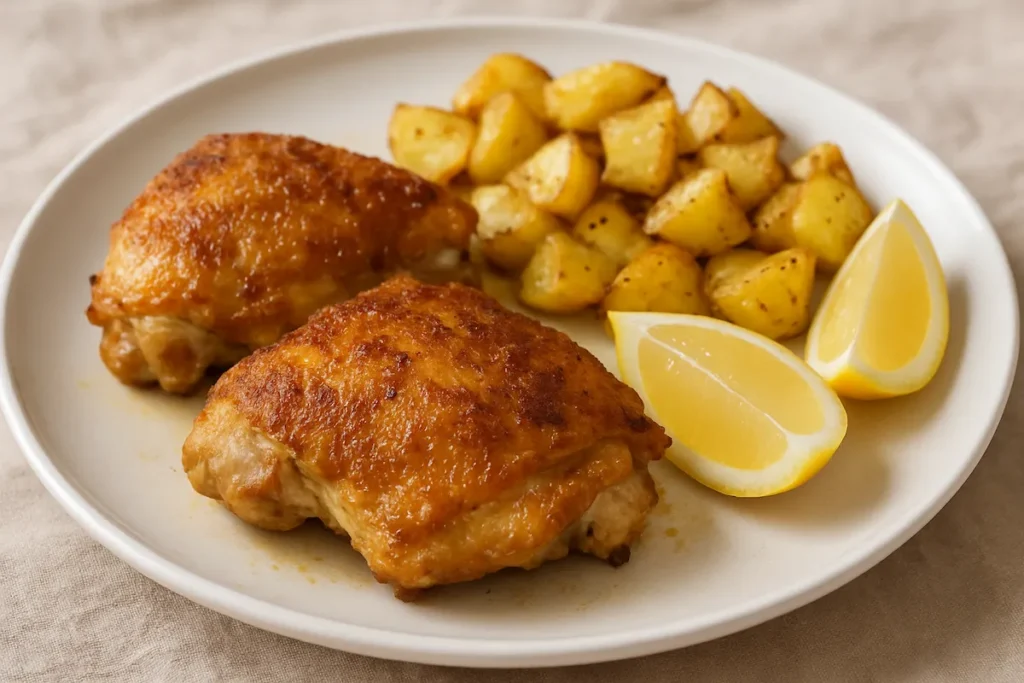 No-breading crispy baked chicken thighs served with potatoes and lemon