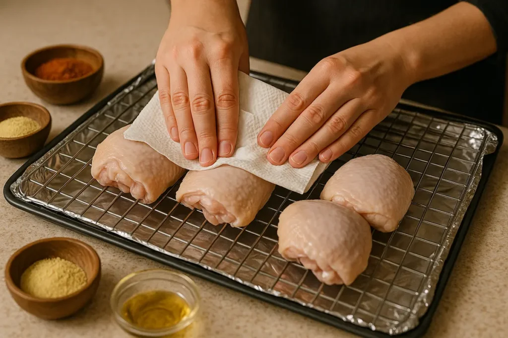 Drying and Seasoning Chicken Thighs for Crispiness Prepping air-chilled chicken thighs with seasonings and paper towel drying