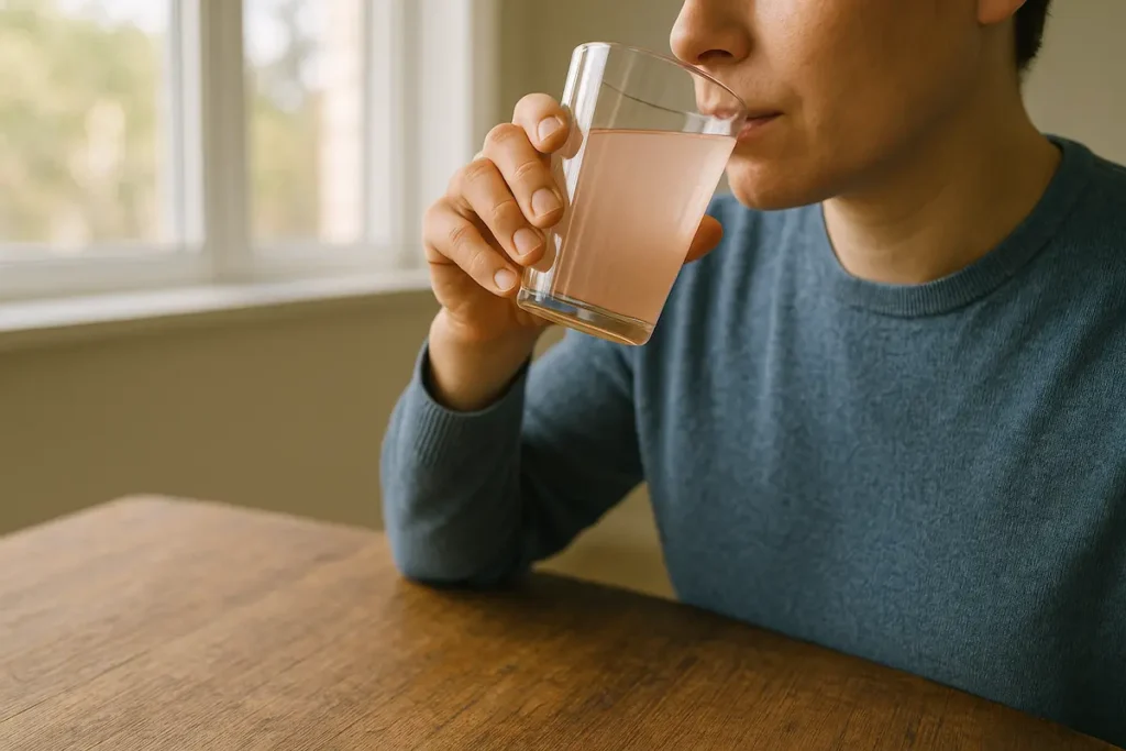 Enjoying_the_Pink_Salt_Morning_Ritual A person gently sipping pink salt water as part of a calming morning routine for wellness.