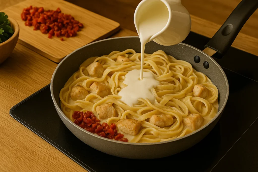 Family Preparing Creamy Chicken Pasta Family cooking creamy garlic chicken pasta together in a cozy kitchen.