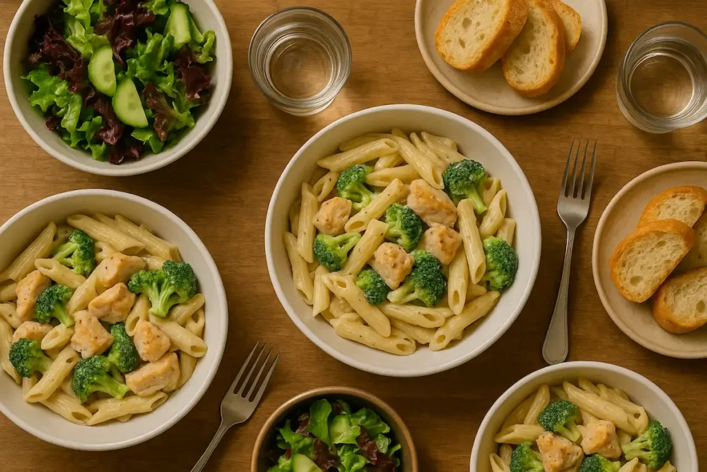 Family Table with Creamy Garlic Chicken Pasta Overhead view of creamy garlic chicken pasta with broccoli served family-style with sides.