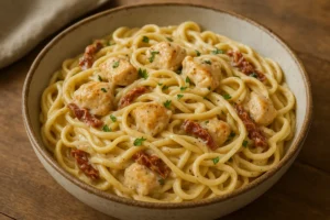 Creamy Garlic Chicken Pasta with Sun-Dried Tomatoes – A Family Favorite Full of Heart