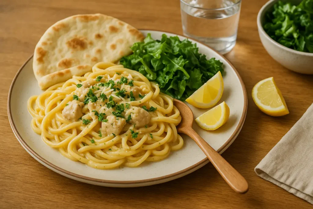 Final Plated One-Pot Creamy Garlic Chicken Pasta Plated creamy garlic chicken pasta with salad and flatbread on the side.