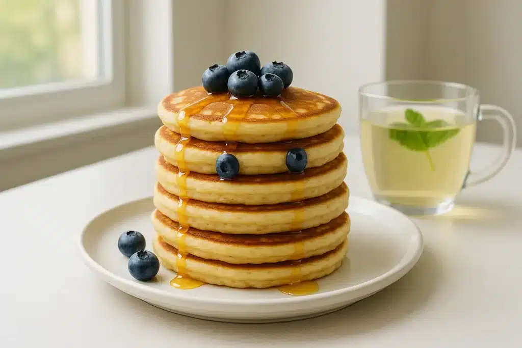 Fluffy pancakes with honey and berries on a breakfast table, made from the Martha Stewart Pancake Recipe.