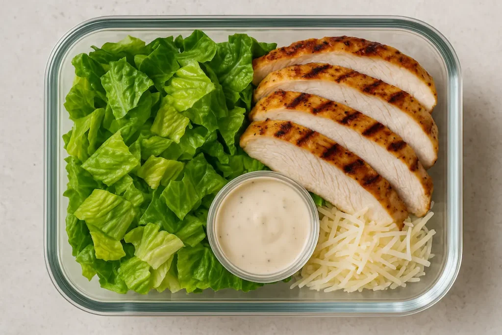Fresh Caesar Chicken Meal Prep Bowl Grilled Chicken Caesar Salad Meal Prep Bowls : Fresh grilled chicken Caesar salad bowl with romaine, dressing, and Parmesan in a meal prep container.