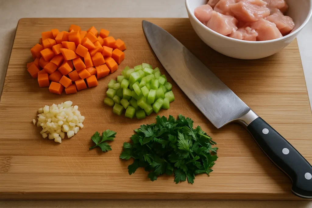 Fresh Ingredients for Soup Prep Chopped vegetables for classic chicken noodle soup laid out on a wooden board.