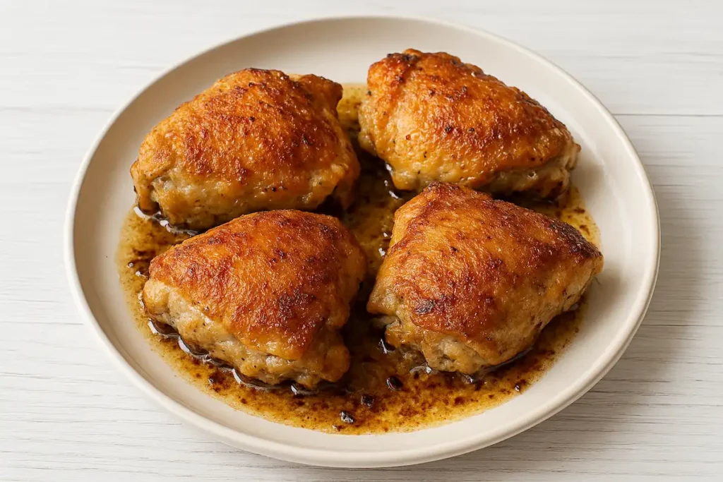 Golden cast iron crispy chicken thighs in a skillet just out of the oven