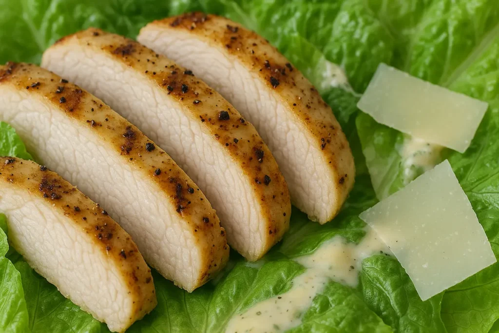Golden Grilled Chicken on Caesar Salad Close-up of juicy grilled chicken on keto Caesar salad with romaine, dressing, and shaved Parmesan.