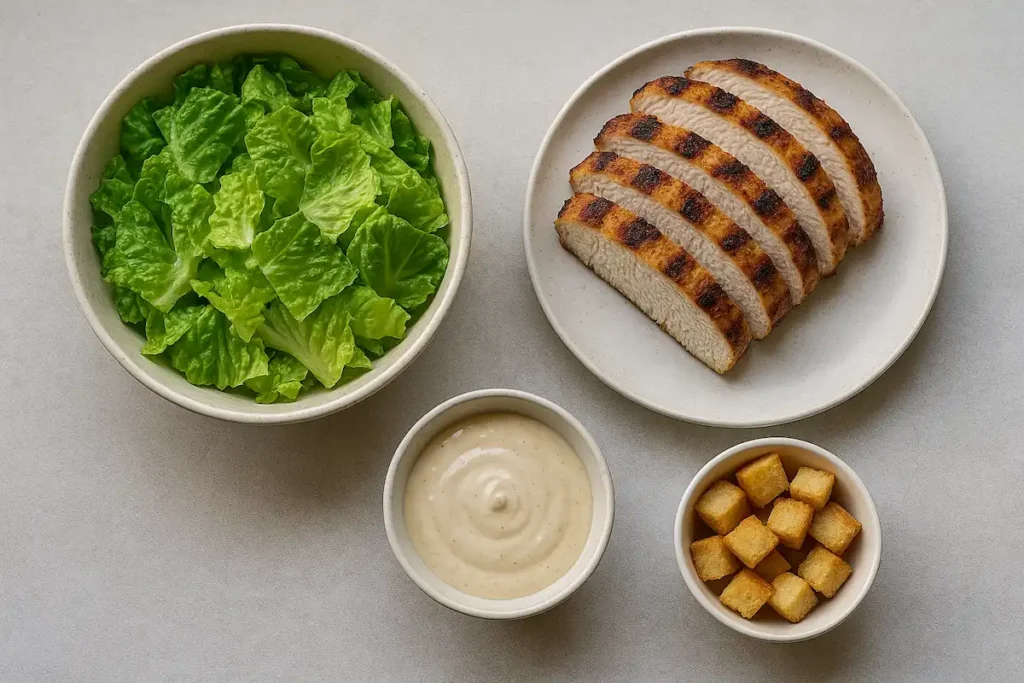 Grilled Chicken Caesar Salad Ingredients All ingredients for grilled chicken Caesar salad arranged on a counter.