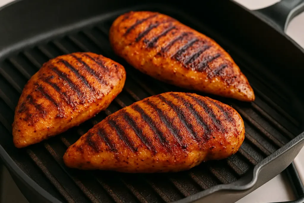 Grilling Chicken for Spicy Caesar Salad Spicy marinated chicken breasts grilling with golden char marks on a stovetop grill