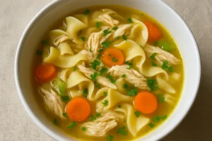 Bowl of low sodium classic chicken noodle soup with noodles, vegetables, and shredded chicken.