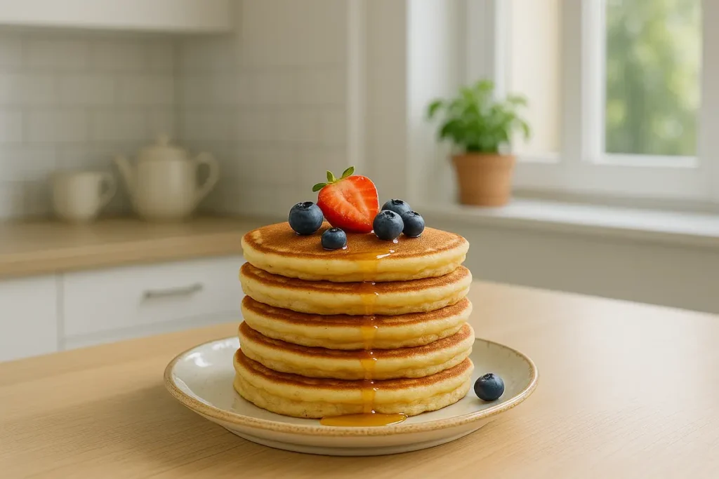 Golden stack of homemade pancakes topped with fruit and honey on a rustic breakfast table, inspired by Martha Stewart Pancake Recipe