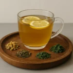 A steaming cup of Mounjaro Tea with lemon and herbs on a rustic wooden surface.