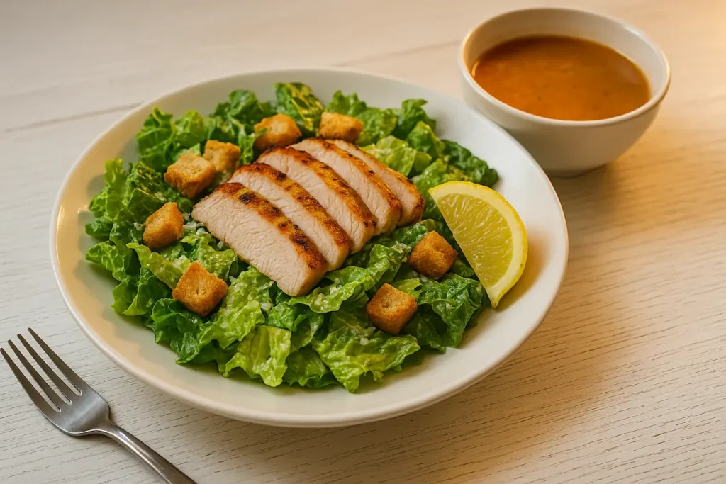 How to Serve Chicken Caesar Salad Grilled chicken Caesar salad served with lemon and side dish.