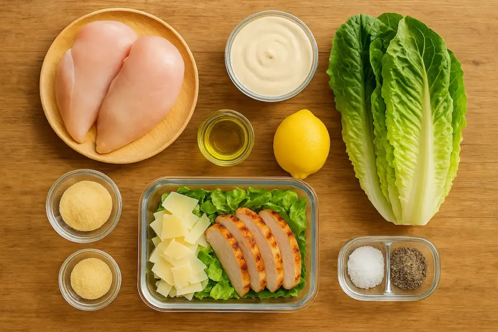 Ingredients for Caesar Salad Meal Prep Ingredients for grilled chicken Caesar salad laid out on wood: chicken, lettuce, dressing, and seasoning.