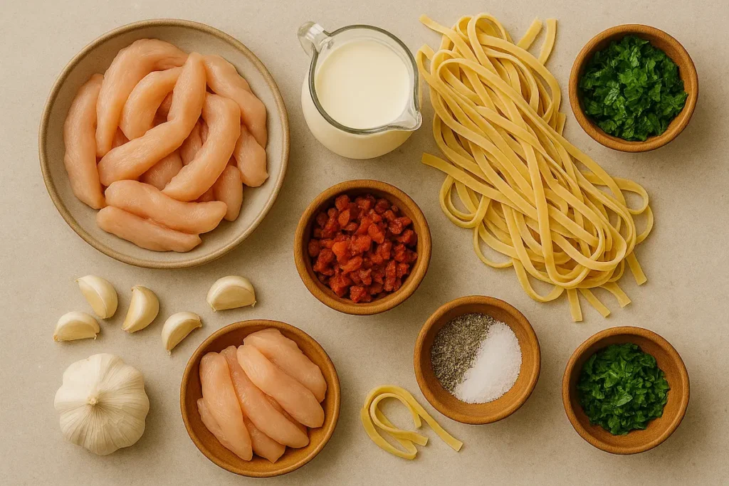 Ingredients for Creamy Garlic Chicken Pasta Flat lay of ingredients for creamy garlic chicken pasta with sun-dried tomatoes.