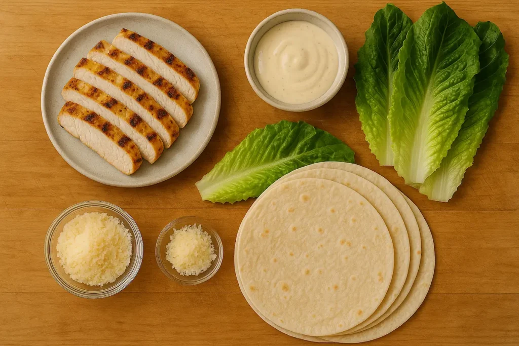 Ingredients for Grilled Caesar Wraps Flat lay of Caesar wrap ingredients including grilled chicken, romaine, and tortillas.