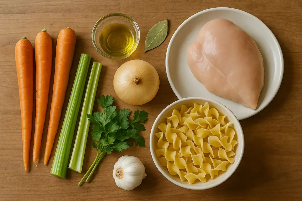 Ingredients for Low Sodium Chicken Noodle Soup Fresh ingredients for low sodium classic chicken noodle soup laid out on a wooden counter.