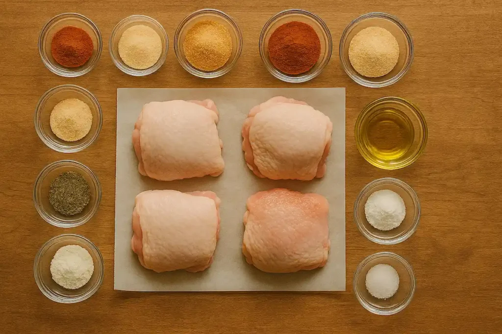 Ingredients for Spicy Crispy Chicken Flat lay of ingredients for spicy crispy baked chicken thighs with spices, herbs, and raw chicken.