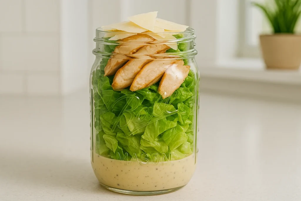 Keto Caesar Salad in Mason Jar for Meal Prep Keto Caesar salad layered in a mason jar with dressing, romaine, chicken, and cheese.