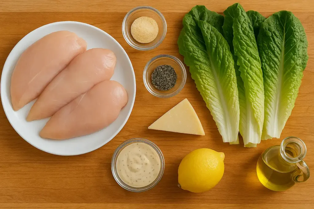 Keto Chicken Caesar Salad Ingredients Laid Out Ingredients for keto grilled chicken Caesar salad including chicken, lettuce, dressing, and cheese on wood counter.