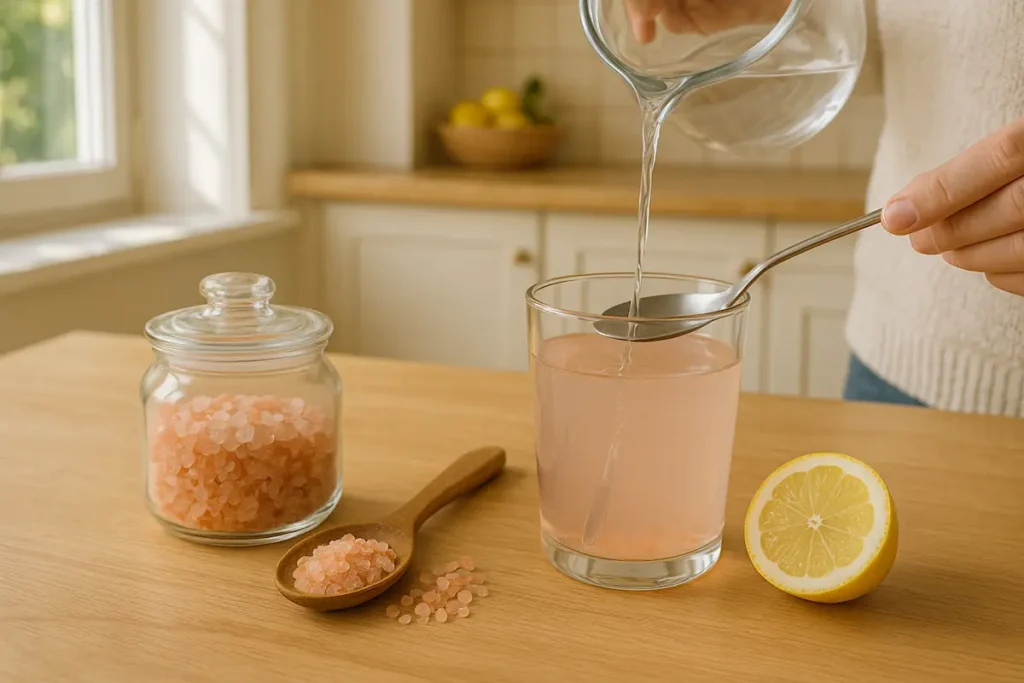 Making_the_Pink_Salt_Trick_Drink Woman preparing pink salt trick drink with warm water and lemon in a cozy kitchen.